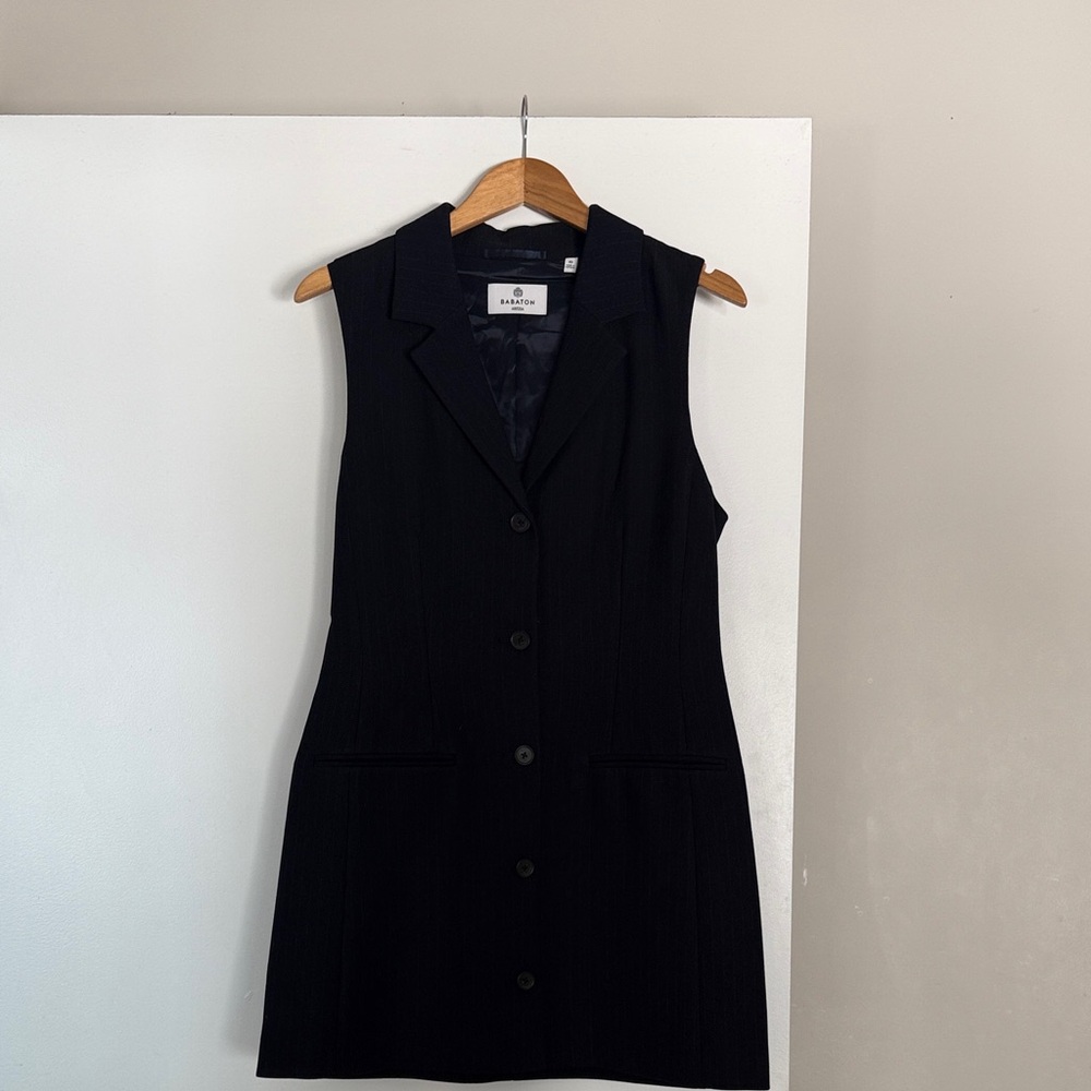 Babaton deep navy pinstripe blazer dress.